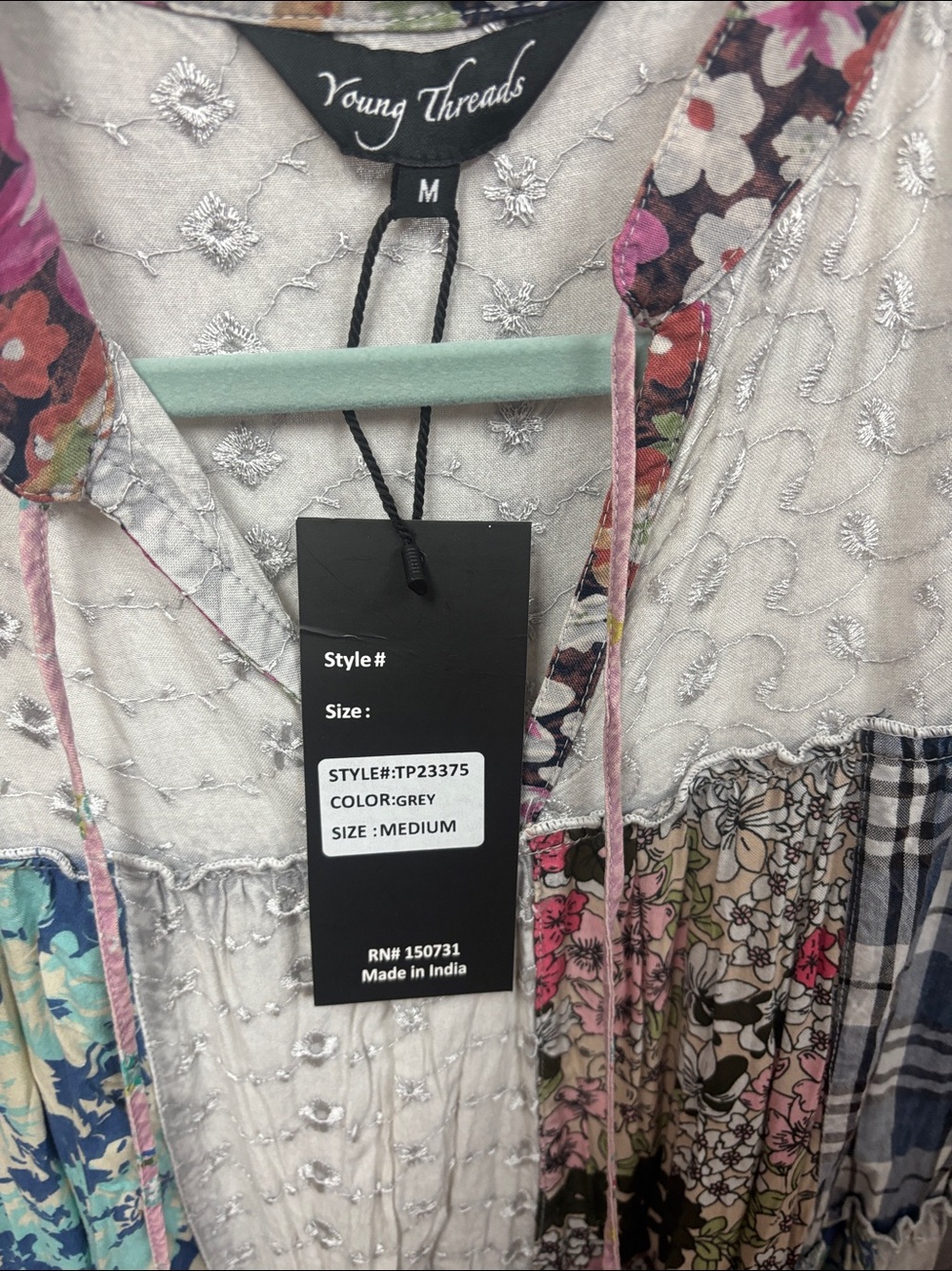 Young Threads Ivory Patchwork Boho Tunic with Floral and Plaid Panels - Picture 2 of 2
